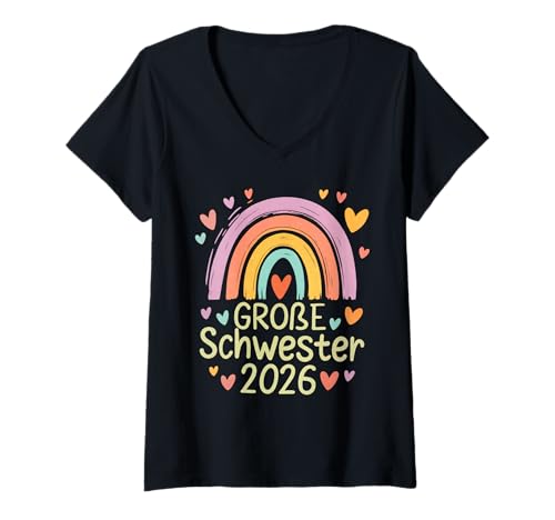 Damen große Schwester 2026 Big Sister T-Shirt mit V-Ausschnitt Damen große Schwester 2026 Big Sister T-Shirt mit V-Ausschnitt von Ich werde große Schwester 2026 Regenbogen Mädchen