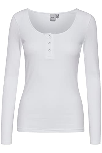 ICHI IHSUPER LS Damen Longsleeve Langarmshirt Shirt Basic Rippshirt mit Langem Ärmeln und geknöpftem Ausschnitt Figurbetontes Regular Fit, Größe:L, Farbe:Bright White (110601) von ICHI