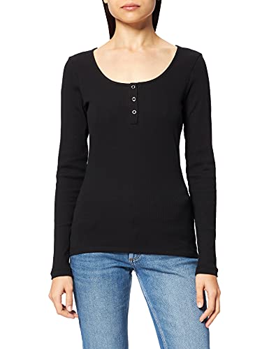 ICHI IHSUPER LS Damen Longsleeve Langarmshirt Shirt Basic Rippshirt mit Langem Ärmeln und geknöpftem Ausschnitt Figurbetontes Regular Fit, Größe:M, Farbe:Black (194008) von ICHI