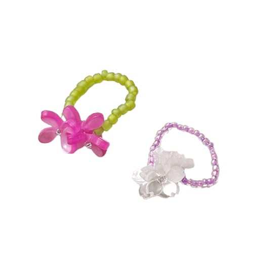 Handgefertigter Blumenring, Elastischer Perlenring mit Lilien in Violett und Weiß, Kristallverzierung von Ichlovdu