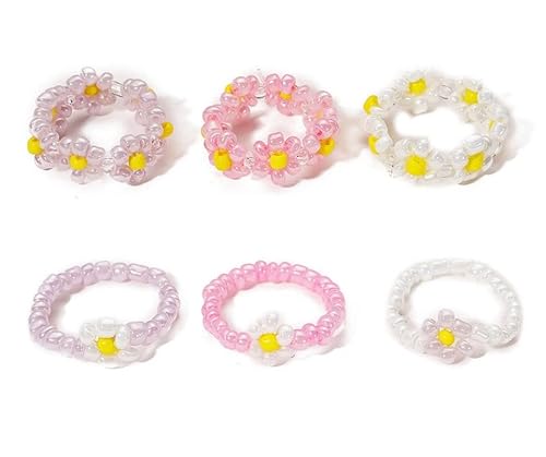 Ichlovdu 6 Stück Blumen Perlen Ring Bunte Gänseblümchen Boho Strand Ringe für Damen Mädchen Rosa Lila gelb weiß von Ichlovdu