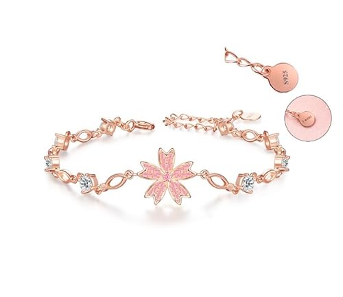 Ichlovdu I love YOU Kirschblüte Armband für Frauen 925 Sterling Silber 5A Zirkon Blumen Bracelte Sakura Kristall Schmuck Geschenk Rosa Gold (Rosa Armband 1 Sakura) von Ichlovdu