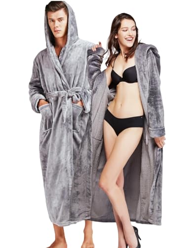 Ichlovdu Luxuriöser Herren Damen Bademantel Kaschmir Coral Velvet Morgenmantel mit Kapuze und Gürtel Winter Warm Weicher Lang (Größe XXL, Grau) von Ichlovdu