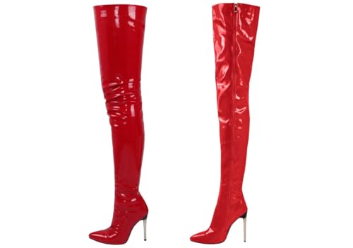 Ichlovdu Overknee Stiefel für Damen Spitz zulaufend 11 cm High Heels PU-Leder Kunstfellfutter mit hinterem Reißverschluss, handgefertigt für Herbst & Winter von Ichlovdu