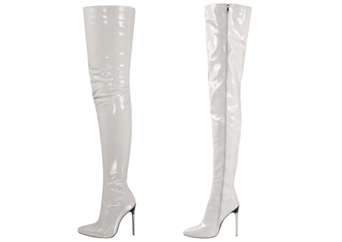 Ichlovdu Overknee Stiefel für Damen Spitz zulaufend 11 cm High Heels PU-Leder Kunstfellfutter mit hinterem Reißverschluss, handgefertigt für Herbst & Winter von Ichlovdu
