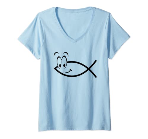 Damen Ichtys Face - Symbol - Christliche Kleidung - Ichthys4m3 T-Shirt mit V-Ausschnitt von Ichthys4m3 christlich Fisch Jesus Gott Bibel Kreuz