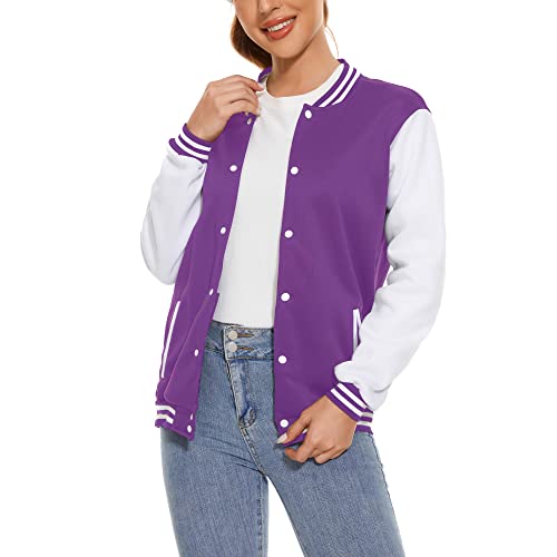 Icibgds Varsity Jacke Damen Herren Baseball Schuluniform Button Up Unsex Erwachsene Langarm Mantel Mode Jacke, Violett, 3XL von Icibgds