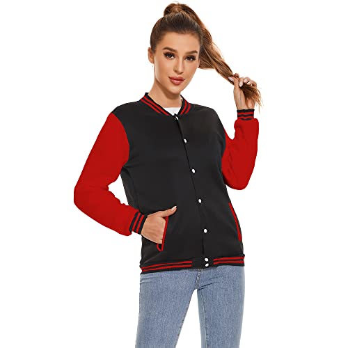 Icibgds Varsity Jacke Damen Herren Baseball Schuluniform Button Up Unsex Erwachsene Langarm Mantel Mode Jacke, schwarz / rot, XL von Icibgds
