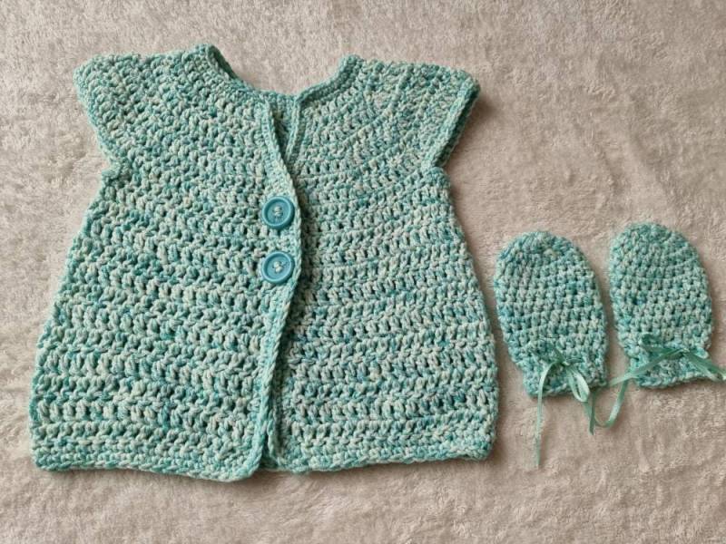 Gehäkelter Baby Pullover, Strickjacke, Fäustlinge, Mint Und Weiß, 0-3 Monate von Icklepicklebabywear