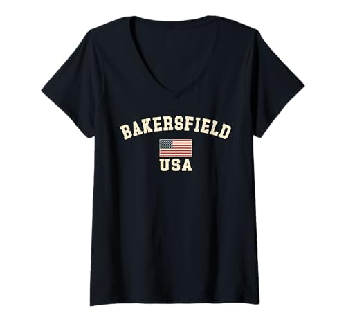Damen Vintage Bakersfield USA Amerikanische Flagge CA Cool Souvenir Retro T-Shirt mit V-Ausschnitt Damen Vintage Bakersfield USA Amerikanische Flagge CA Cool Souvenir Retro T-Shirt mit V-Ausschnitt von Iconic Bakersfield USA United States Of America