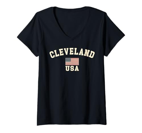 Damen Vintage Cleveland USA Amerikanische Flagge Ohio Cool Souvenir Retro T-Shirt mit V-Ausschnitt Damen Vintage Cleveland USA Amerikanische Flagge Ohio Cool Souvenir Retro T-Shirt mit V-Ausschnitt von Iconic Cleveland USA United States of America