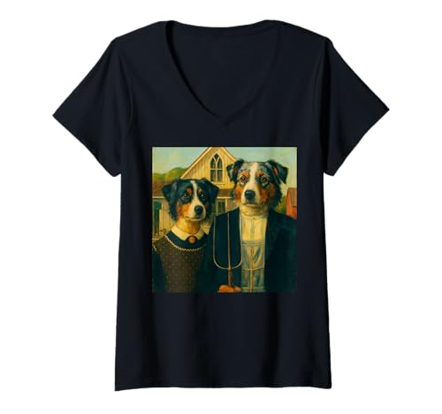 Damen Lustiges Bauernhaus-Paar-Design mit Australian Shepherd T-Shirt mit V-Ausschnitt Damen Lustiges Bauernhaus-Paar-Design mit Australian Shepherd T-Shirt mit V-Ausschnitt von Iconic Dog Art Collective