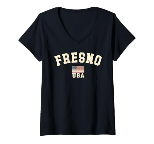 Damen Vintage Fresno USA Amerikanische Flagge Kalifornien Souvenir Retro T-Shirt mit V-Ausschnitt Damen Vintage Fresno USA Amerikanische Flagge Kalifornien Souvenir Retro T-Shirt mit V-Ausschnitt von Iconic Fresno USA United States America Keepsake