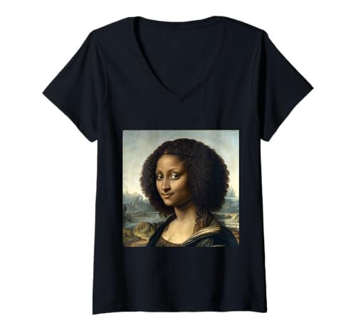 Damen Black Mona Lisa Black History Month Afroamerikaner T-Shirt mit V-Ausschnitt Damen Black Mona Lisa Black History Month Afroamerikaner T-Shirt mit V-Ausschnitt von Iconic Fusion Art