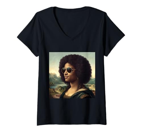 Damen Black Mona Lisa Black History Month Afroamerikaner T-Shirt mit V-Ausschnitt Damen Black Mona Lisa Black History Month Afroamerikaner T-Shirt mit V-Ausschnitt von Iconic Fusion Art