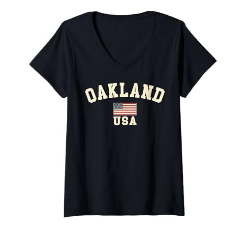 Damen Vintage Oakland USA Amerikanische Flagge Kalifornien Souvenir Retro T-Shirt mit V-Ausschnitt Damen Vintage Oakland USA Amerikanische Flagge Kalifornien Souvenir Retro T-Shirt mit V-Ausschnitt von Iconic Oakland USA United States America Keepsake