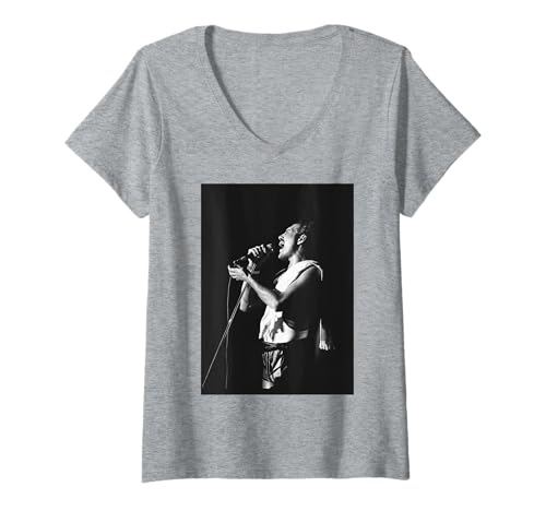 Damen Queen Freddie Mercury singt live auf der NEC Arena The Works Tour T-Shirt mit V-Ausschnitt von Iconic Photo Moments