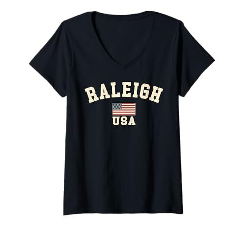 Damen Vintage Raleigh USA Amerikanische Flagge Souvenir Retro T-Shirt mit V-Ausschnitt Damen Vintage Raleigh USA Amerikanische Flagge Souvenir Retro T-Shirt mit V-Ausschnitt von Iconic Raleigh USA United States America Keepsake