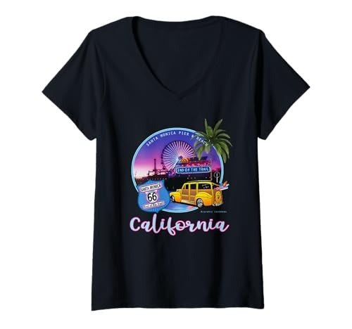 Damen Santa Monica Pier, California 66, Souvenir am Ende des Trails T-Shirt mit V-Ausschnitt von Iconic Road Trip Memorabilia by PLOLDS