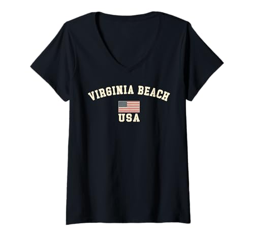 Damen Vintage Virginia Beach USA Amerikanische Flagge Souvenir Retro T-Shirt mit V-Ausschnitt Damen Vintage Virginia Beach USA Amerikanische Flagge Souvenir Retro T-Shirt mit V-Ausschnitt von Iconic Virginia Beach USA United States Of America