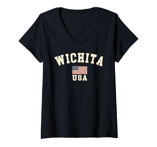 Damen Vintage Wichita USA Amerikanische Flagge Kansas Cool Souvenir Retro T-Shirt mit V-Ausschnitt Damen Vintage Wichita USA Amerikanische Flagge Kansas Cool Souvenir Retro T-Shirt mit V-Ausschnitt von Iconic Wichita USA United States America Keepsake