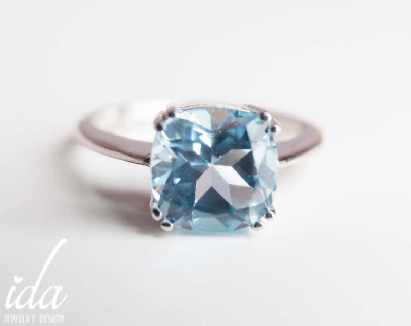 Kissenschliff Verlobungsring - Blauer Zirkon Ring Sterling Silber Edelsteinring Silberschmuck von IdaJewelryDesign