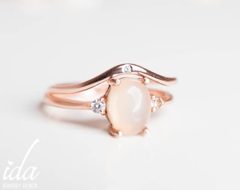 Mondstein Verlobungsring Set - Verlobungsringe Für Frauen, Trauringe Art Deco Verlobungsring, Einzigartiger von IdaJewelryDesign