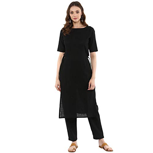 Idalia Damen Baumwolle Slub Gerader Kurta mit Hose - Schwarz - X-Groß Idalia Damen Baumwolle Slub Gerader Kurta mit Hose - Schwarz - X-Groß von Idalia