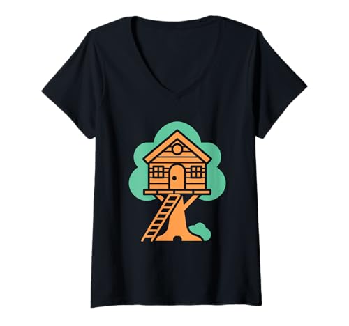 Damen Nature tree house in minimalist trees simple tree house T-Shirt mit V-Ausschnitt Damen Nature tree house in minimalist trees simple tree house T-Shirt mit V-Ausschnitt von Idea humor hut in funny tree house