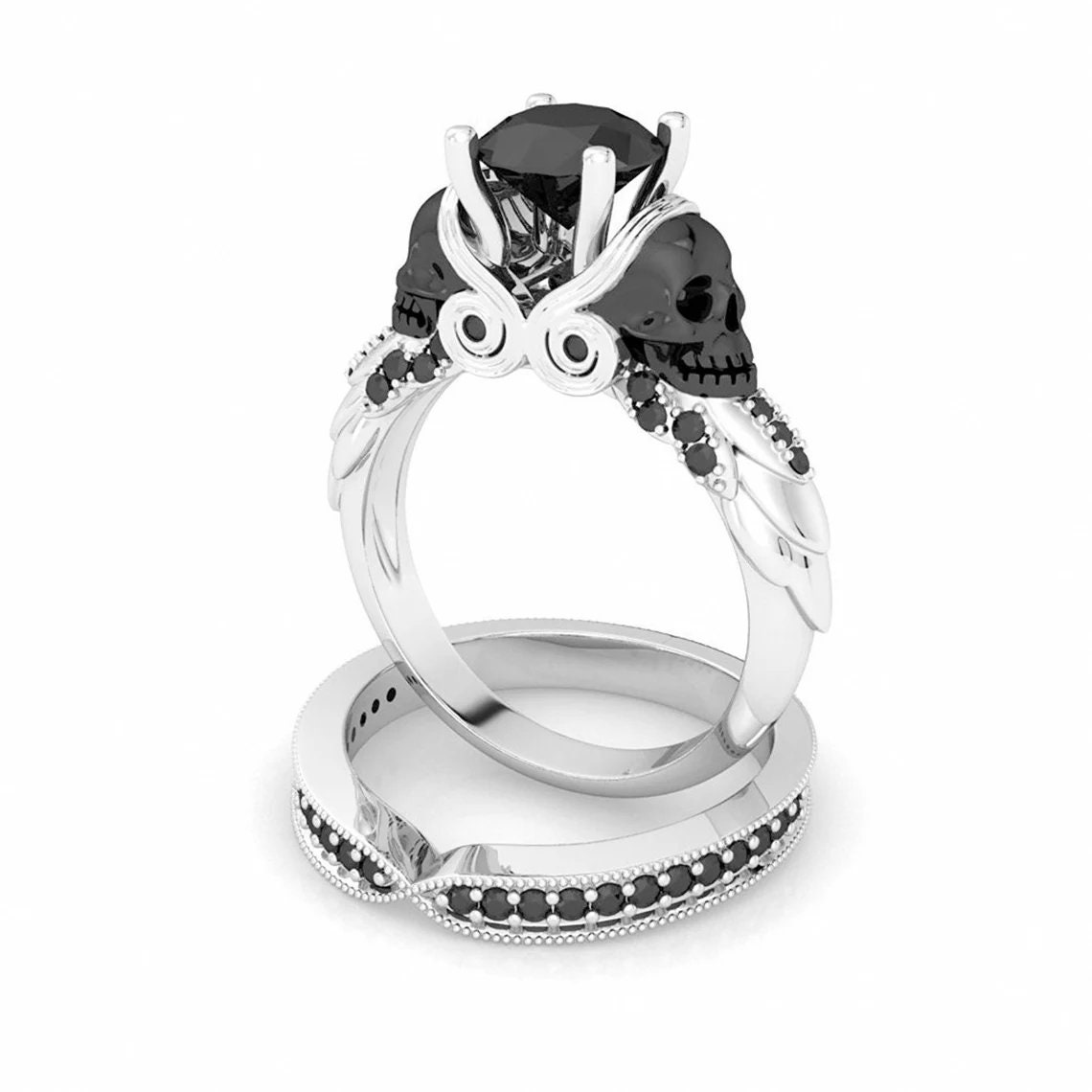 Silber Totenkopf Ring, Gothic Verlobungsring Set, Schwarzer Diamant Braut, Verlobungsring, Zwei Eheringe von IdealJewelryGifts