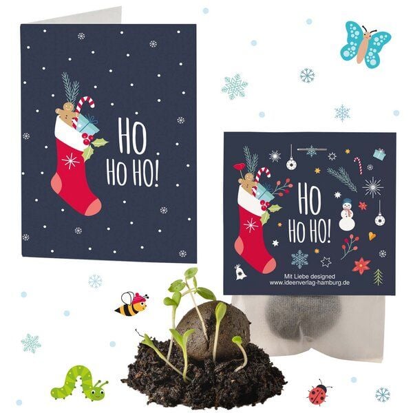 Ideenverlag Hamburg 4x „HoHoHo“ Samenbomben im Tütchen mit Kaltkeimer-Saatgut + 4x Gratis Geschenk Grußkarten / Weihnachtsgruß/Wichtelgeschenk/Weihnachtsgeschenk von Ideenverlag Hamburg