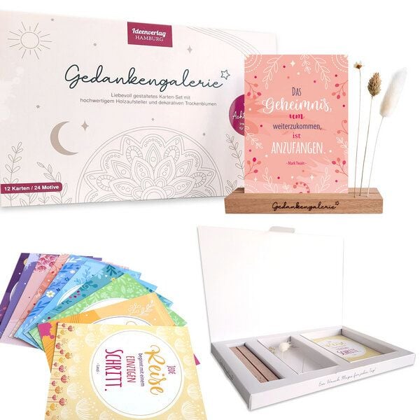 Ideenverlag Hamburg Gedankengalerie® Achtsamkeits-Set mit Holzaufsteller, Affirmationskarten & Trockenblumen | Nachhaltiges Geschenk für Frauen & Herzensmenschen /hergestellt in Deutschland von Ideenverlag Hamburg
