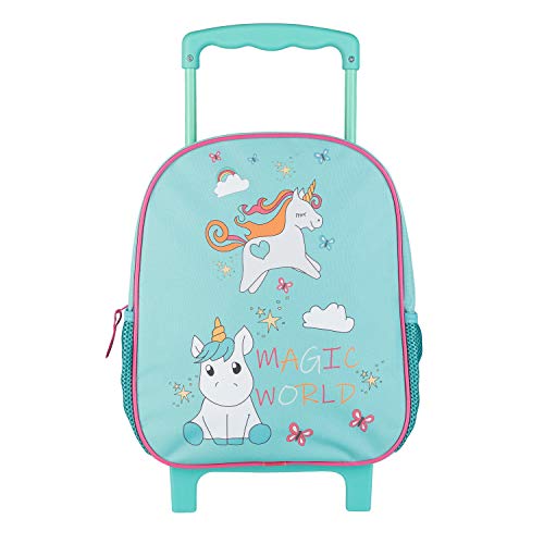 Idena 20069 - Rucksack Trolley mit 2 Glitter Rollen, für Mädchen, türkis mit zauberhaftem Einhorn Motiv, als Handgepäckskoffer, Schultrolley und Kinderrucksack, ca. 31 x 27 x 10 cm von Idena