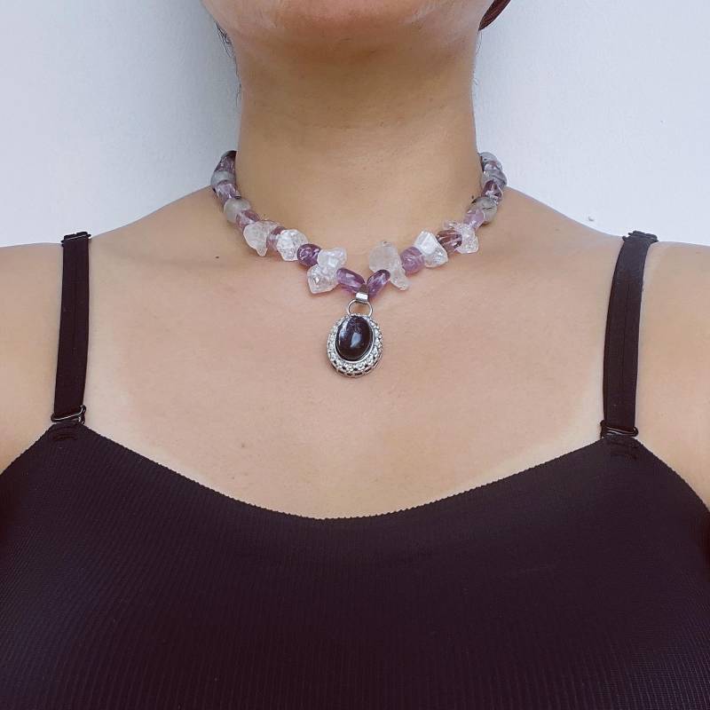Chunky Amethyst & Clear Quartz Necklace With Moonstone Pendant｜Handmade Vintage-Style Statement Jewelry For Women von IdgemsDE