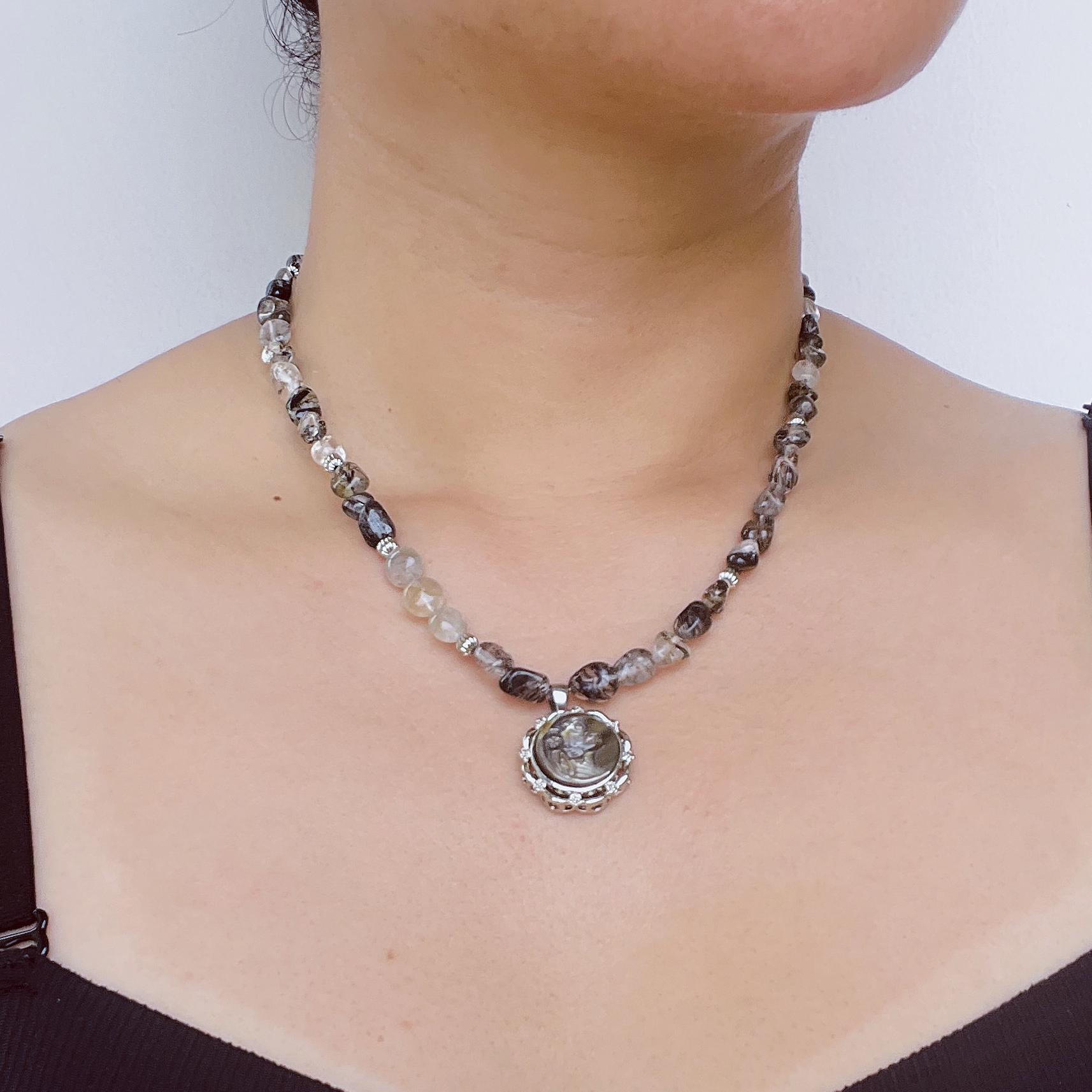 Handmade Cameo Necklace With Girl Pendant|Black Rutilated Quartz Beads|Natural Shell Cameo|Unique Personalized Jewelry Gift Handmade Cameo Necklace With Girl Pendant|Black Rutilated Quartz Beads|Natural Shell Cameo|Unique Personalized Jewelry Gift von IdgemsDE