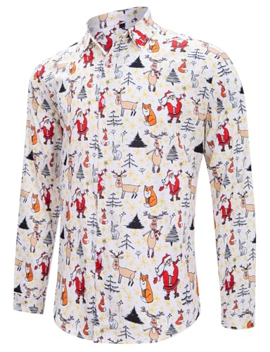 IDGREATIM Herren Xmas Shirt Print Hirsch Langarm Button Down Mode Aloha Holiday Wandern Wear Herren hässliche Weihnachten Xmas Shirts rot von IDGREATIM