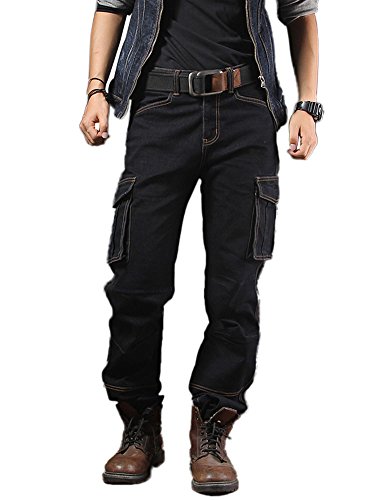 Idopy Casual Motorrad Workwear Multi Pockets Denim Biker Cargo Jeans Hosen, W38(Taille 100cm), Schwarz von Idopy