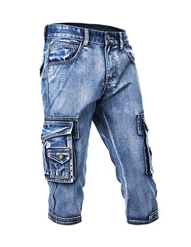 Idopy Herren 3/4 Cargo Denim Shorts Biker Jeans mit Mehreren Taschen L/34 von Idopy