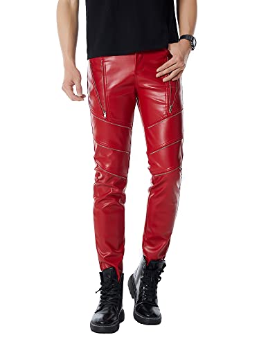 Idopy Herren-Bikerhose, schmale Passform, weiches PU-Kunstleder, Schwarz, Rot/Ausflug, einfarbig (Getaway Solids), 50 von Idopy