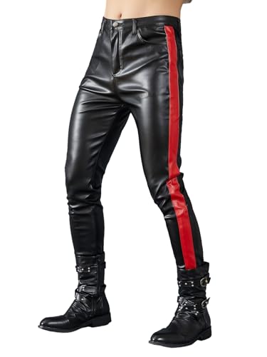 Idopy Herren Business Slim Fit Fünf Taschen Kunstleder Hose Jeans, Rot gestreift, 50 von Idopy