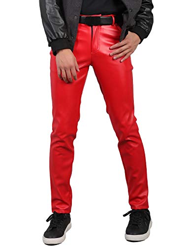 Idopy Herren Business Slim Fit Fünf Taschen Kunstleder Hose Jeans - Rot - 46 von Idopy