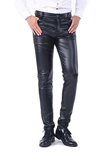 Idopy Herren Business Slim Fit Fünf Taschen Kunstleder Hose Jeans - Schwarz - 46 von Idopy