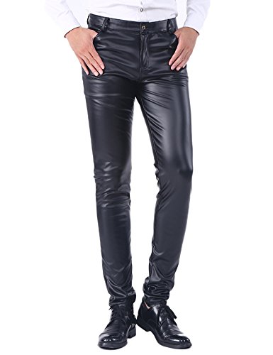 Idopy Herren Business Slim Fit Kunstleder Hosen Jeans Lederjeans, 33W / 30L, Schwarz von Idopy