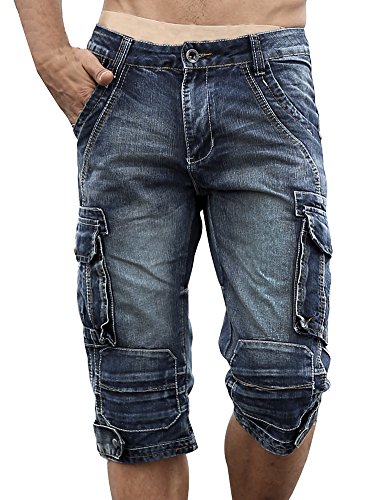 Idopy Herren Cargo-Denim Biker Jeans-Shorts mit Reißverschluss, Blau, 30W/18L von Idopy
