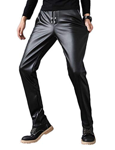 Idopy Herren Casual Drawstring Hose Kunstleder Joggers Hosen für Männer, Schwarz, 32 von Idopy