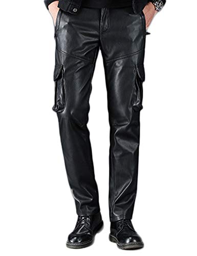 Idopy Herren Coole Kunstleder Hose Loose Style PU Cargohose , Schwarz, 34W / 30L von Idopy