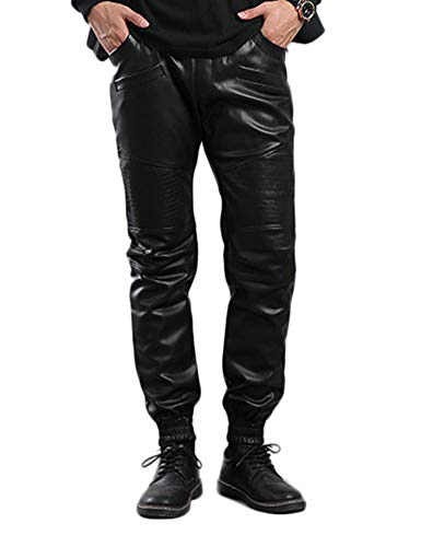 Idopy Herren Faux Leder Hose Casual Drawstring Hosen (L, Schwarz 363) von Idopy