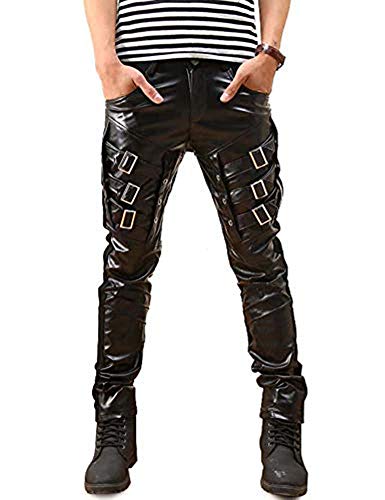 Idopy Herren Hip Hop Biker Schwarz Faux Leder Hosen Hosen (Schwarz 2, W29 (Taille 72cm)) von Idopy