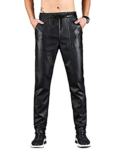 Idopy Herren Leder Jogger Hose mit Tunnelzug (34W, 1702Black) von Idopy