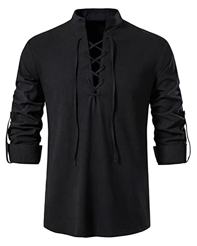 Idopy Herren Retro Lace Up Punk Renaissance Mittelalter Tops Pullover Henley Shirt, Schwarz , L von Idopy